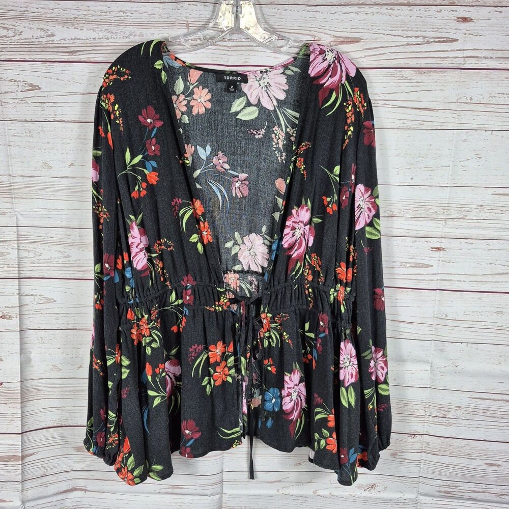 Torrid Womens 2X Dark Floral Gauze Tie Front Kimono Whimsigoth Romantic Festive